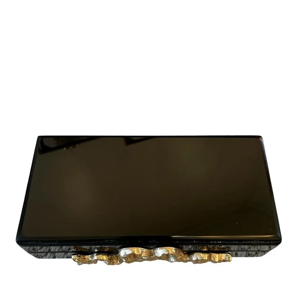 Black Lacquered Box with Gold Bow Motif 8.5 x 4.5 Made in India NEW